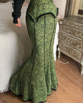 Vintage Fashion Elegant Green Trumpet Long Skirt Graphic Printed Lace Trim Y2K High Waist Skirt Women 2000s Aesthetic