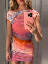 Chic Printed Tulle Mini Dress For Women Sexy Skinny Slash Neck Sleeveless Pleated Dresses Summer Lady Party Club Vestidos