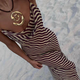 Fashion Striped Printed Beach Dress Women Sexy Mesh See Through Long Dress Summer Spaghetti Strap Slim Evening Party Dress
