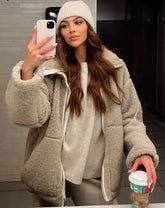 Grey Wool Fleece Stand Collar Women's Coat Lambswool Zipper Up Long Sleeve Loose Jackets Autumn Winter Chic Casual Outwears