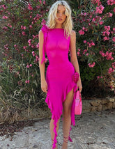 Sexy Ruffles Fairy Dress Women Fashion Mesh See Through Mini Bodycon Dress Summer Irregular Beach Party Club Outfits