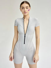Short Sleeve Playsuit Women Overalls Spring Striped Zipper Sporty Rompers Ladies Casual Bodycon Playsuits