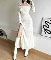 Autumn Evening Party Intellectual Elegant Dignified Mature Sexy Feminine Pure Color Simple Women'S Long Neck Dress