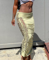 Summer Solid Color Skirt Hollow Fold Design Elastic Waist Slim Body Buttocks Fashion For Women Commuting Out Of Street