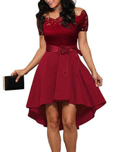 Elegant Red Lace Dress Women Patchwork Slash Neck Short Sleeve Sashes Tunic Dress Summer Ladies Sexy Evening Party Dresses