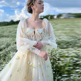 Embroidery Lace Appliques Butterfly Tulle Long Prom Dresses Puff Sleeves A-Line Evening Gowns Formal Party Dress