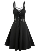 Lace Up Ruffle Straps Dress Sleeveless A Line Punk Style Knee Length Solid Black Dresses