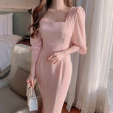 Korea Square Neck Bandage Trumpet Mermaid Chiffon Dresses for Women Elegant Puff Sleeve Solid Bodycon Dress Spring Clothing