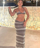 Knit Stripe Crochet Two Piece Set Women Halter Backless Bra +Low Waist Wraps Long Skirt Female Beach Outfits Suit