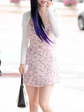 Retro French style Summer Light Pink Flower Print Wood ears Slash Collar Mini Dress Sexy Bow Lacing Up Sling Robe Holiday