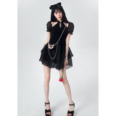 Chinese Dress Women Summer New Sexy Puff Short Sleeves Short Skirt Black Fashion Gothic Streetwear Design Fishbone Skirt Dress