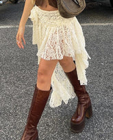Casual Solid Lace Asymmetrical Skirt Basic Slim Mid-Waisted Mini Skirts Women Summer Fashion Streetwear Ladies