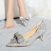 Pointed Toe Crystal Bowtie Pumps Women Thin Heels Silver Sequins Party Shoes Woman Slip On High Heels Wedding Shoes