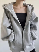 Grey Zip Hoodie Women Autumn Korean Fashion Loose Casual Long Sleeve Oversize Hooded Sweatshirt Vintage Streetwear