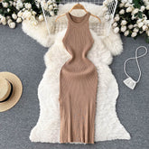 Halter Sleeveless split Basic Elastic Knit Bodycon Dress French Sexy Chic Elegant Party Vestidos Women Summer Slim Women Dress