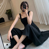 Sleeveless Dress Women Inside Spaghetti Strap Autumn Black Temperament French Retro Square Collar Solid Elegant Casual Fashion
