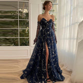 Glitter Navy Blue Starry Tulle Prom Dresses V-Neck Side Split Saudi Arabic Women A-Line Formal Evening Party Gowns