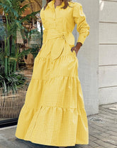 Women Bohemian Plaid Shirt Dress Autumn Long Sleeve Party Sundress Casual Lapel Button Vintage Belted Pockets Vestido