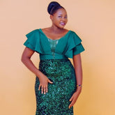 Plus Size Evening Party Dresses Women New Fashion V-neck Short Sleeve Green Dresses Elegant Slim Sequin Elegant Women's Dresses