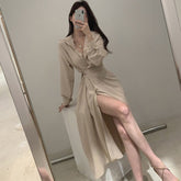 Vintage French Korean Style Design Long Shirt Dress Elegant Waist Lace Harajuku Dresses for Women Party Autumn Clothes