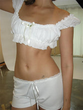 Women 2 Piece Summer Outfits Short Sleeve Square Neck Ruffle Ruched T-shirts Crop Tops Low Waist Shorts Clubwear