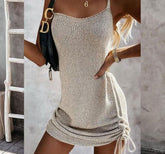 Sleeveless Sling Mini Short Dress Casual Fashion Backless Drawstring Low Collar Solid Sexy Spring Summer New Women Dresses