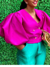 Women Tops Blouse Long Lantern Sleeves Double Buttons V Neck Shiny Glitter Party Classy Ladies Autumn Christmas New Female Pbong mid size graduation outfit romantic style teen swag clean girl ideas 90s latina aesthetic