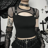 Goth Dark Mall Gothic Fishnet Patchwork Blouses Hollow Out Sexy Grunge Aesthetic T-shirts Punk Short Sleeve E-girl Alt Crop Tops