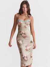 Spaghetti Strap Lace Print Midi Dress For Women Robe Strapless Backless High Waist Bodycon Club Party Long Dress