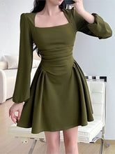 Korean Style Spring A-Line Dress For Women Square Collar Puff Sleeve Mini Dresses Casual Elegant Ladies Robe