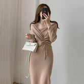 Harajuku Vintage Korean One-Piece Sweater Maxi Dresses for Women Draw String Bodycon Slim Knitted Lady Woman Dress Autumn