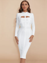 Women White Hollow Out HL Bandage Dress Long Sleeve Bodycon Sexy Cut Out High Neck Party Red Black Midi Dress Plus XL