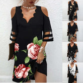 Pbong mid size graduation outfit romantic style teen swag clean girl ideas 90s latina aesthetic Summer V Neck Dress Women Casual Off Shoulder Lace Mesh Patchwork Beach Dress Elegant Floral Print Black Party Mini Dress Robe