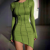 Soolasea Spring Sexy Club Striped Y2K Mini Bodycon Party Women Dress Autumn Irregular O Neck Long Sleeve Fashion Dress