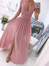 New Sexy V-Neck Women Sleeveless Solid Party Dress Casual Draped Festive Dress Elegant Summer Chiffon Wrap Slit Maxi Dress Mujer