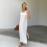 New Design Summer Women Solid Sleeveless Fashion Dress Split Tank Dress beach