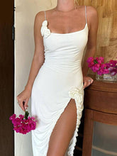 Sexy Slim 3D Flower Split Sling Dress Women's Chic Square Collar Pleated Strapless Maxi Vestidos Summer Holiday Beach Robe