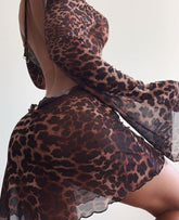 Party Night Sexy Leopard Backless See-Through Clubwear Women Clothing Flared Sleeves Lace Up Bodycon Mini Street Dresses