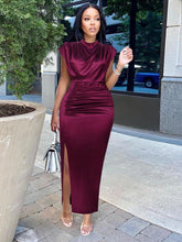 Pbong mid size graduation outfit romantic style teen swag clean girl ideas 90s latina aestheticWomen Dress Pleated Long Wine Red Elegant Slit High Collar Slim Fit Sleeveless Maxi Robes Female Shiny Gowns Party Spring