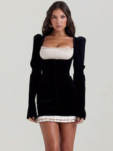 Elegant Long Sleeve Backless Sexy Mini Dress Women Autumn Winter New Patchwork Square Collar Club Party Dress