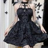 Goth Dark Gothic Emo Jacquard A-line Dresses Elegant Grunge Ruched Bandage Partywear Punk Black Women Halloween Club Dress
