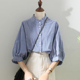 Women's Clothing Spring Summer Tops Vintage French Lantern Sleeve Elegant and Youth Woman Blouses Lace Blue Plaid Shirt