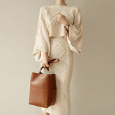 Korean New Fashion Knitted 2 Piece Set Twist Crochet Batwing Sleeve Loose Sweater Crop Top And Split Bodycon Skirt Women's Suits