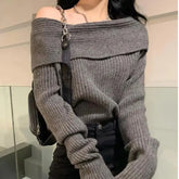 Off Shoulder Tops for women Long Sleeve Elegant Knitted Sweater Sexy Pullovers Y2k Clothing Korean Style White Black Grey