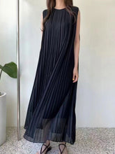 Dress for Women Vintage Dress Women Round Neck Sleeveless Pleated Dresses Female Korean Solid Slimming Lace Up Long Dresses