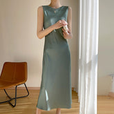 High-End 100 Pure Silk Dress Women's Satin Suspender Long Skirt Mulberry Silk Acetate Slim Fit Round Neck A-Line Skirt