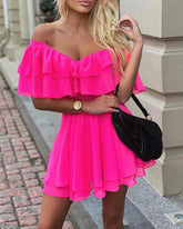 Pbong mid size graduation outfit romantic style teen swag clean girl ideas 90s latina aestheticElegant Off Shoulder Ruffle Fit Flare Dress Women Solid Casual Dress Summer Dress Mini Elegant Dress