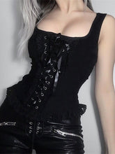 Grunge Tank Tops Gothic Transparent Hollow Out Crisscross Bandage Top Summer Sexy Fashion Mesh Ruch Ruffle Punk Tops