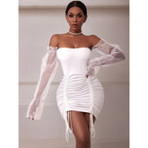 Sexy Sheer Sleeve Evening Party Dress Summer Holiday Birthday Club Partywear White Off Shoulder Mini Short Dresses Women