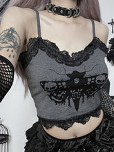 Goth Dark Emo Moth Graphic Gothic Aesthetic Camis Y2k Streetwear Lace Hem Grunge Style Crop Tops Women egirl Fashion Alt Clothes